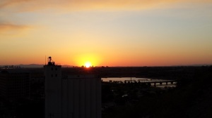 Sunset beyond the Hayden Flour Mill and Tempe Town Lake