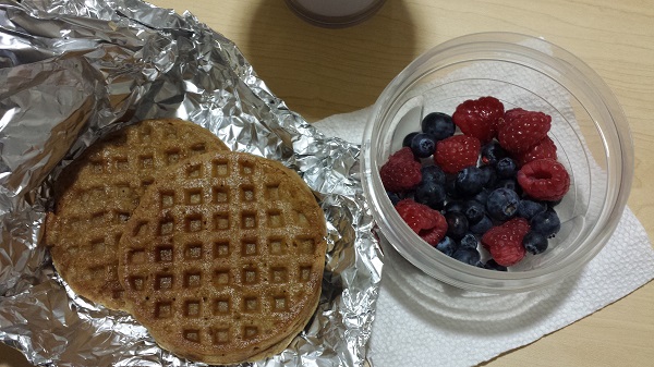 I toast and "butter" (it's Earth Balance) the waffles at home and bring them to work loosely wrapped in foil. Van’s Multigrain 8 Whole Grains waffles, blueberries and raspberries. 