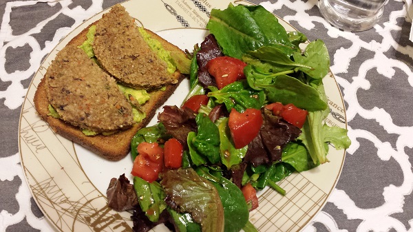 Callaghan made his guacamole to go with our dinner, and it was fabulous, as usual! Homemade guacamole and an Amy’s Sonoma veggie burger on whole wheat toast, plus a side salad.