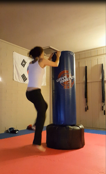 100 alternating foot hop-ups (or whatever you call them) on the standing bag.