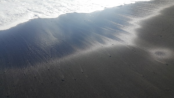 Wet black sand, metallic in the sun